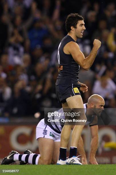 Kade Simpson of the Blues celebrates kicking a goal during the round nine AFL match between the Carlton Blues and the Geelong Cats at Etihad Stadium...