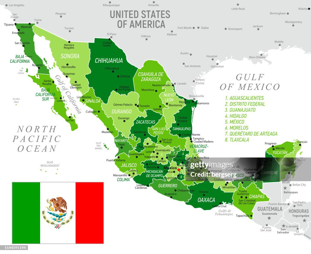 Mexiko Green Map mit Nationalflagge, Staaten und Grenzen