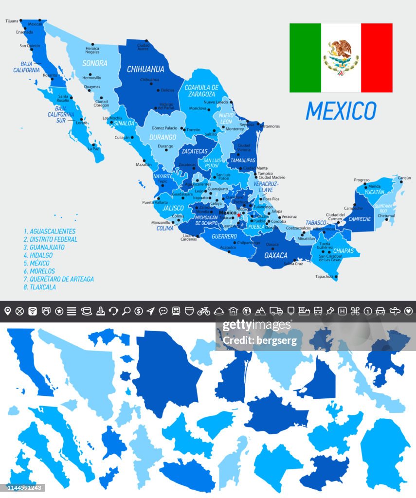 Mexico Map with National Flag, separated states and navigation icons