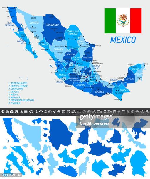 mexico map with national flag, separated states and navigation icons - zacatecas stock illustrations