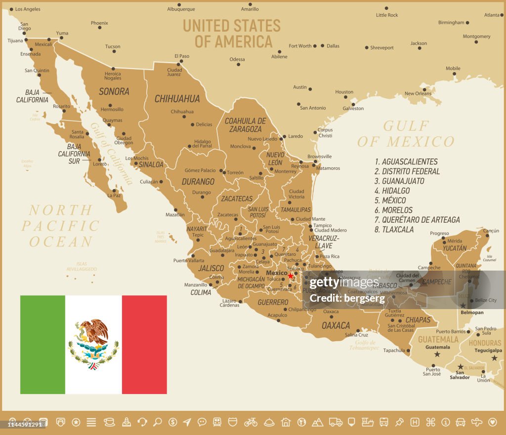Mexiko-Karte. VektorIllustration mit mexikanischer Flagge und Navigationssymbolen
