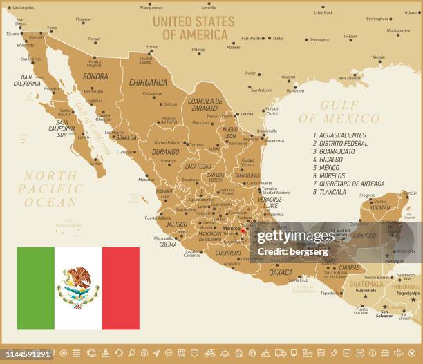 mexico map. vector illustration with mexican flag and navigational icons - mexico city map stock illustrations