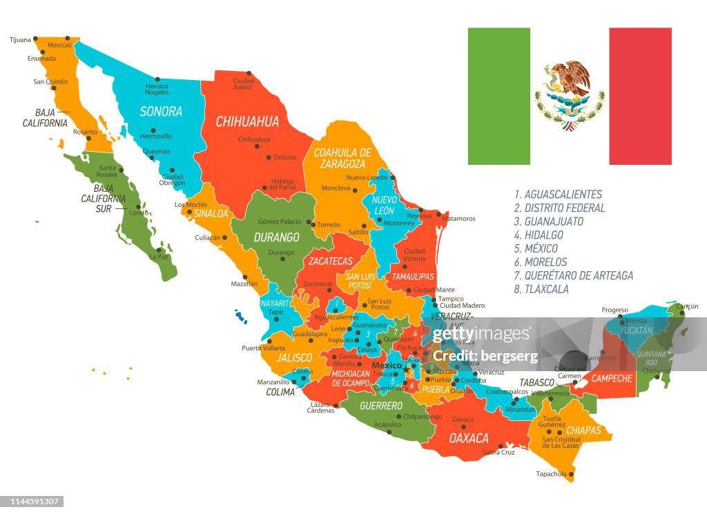 Mexico Map. Vector Map with states and national flag