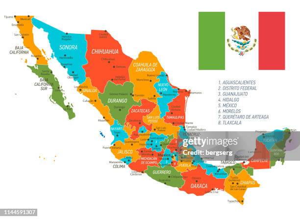 墨西哥地圖。帶有狀態和國旗的向量地圖 - mexico map 幅插畫檔、美工圖案、卡通及圖標