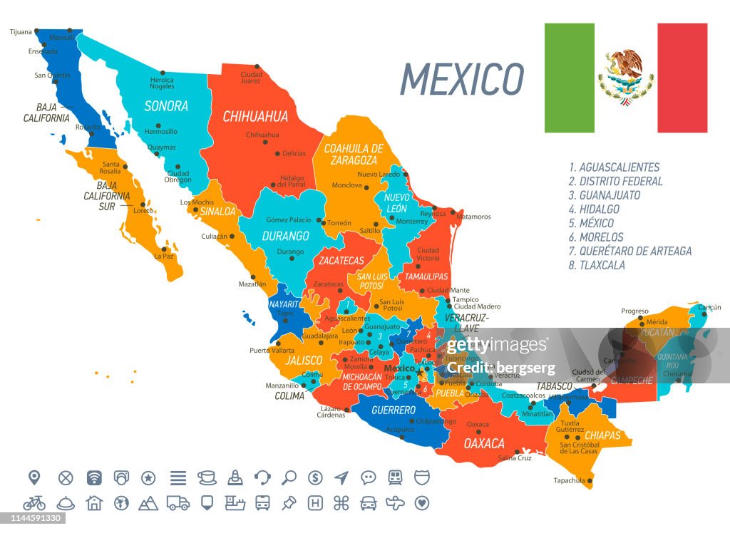 Mexiko-Karte. Vektorkarte mit Zuständen, Symbolen und Navigationssymbolen