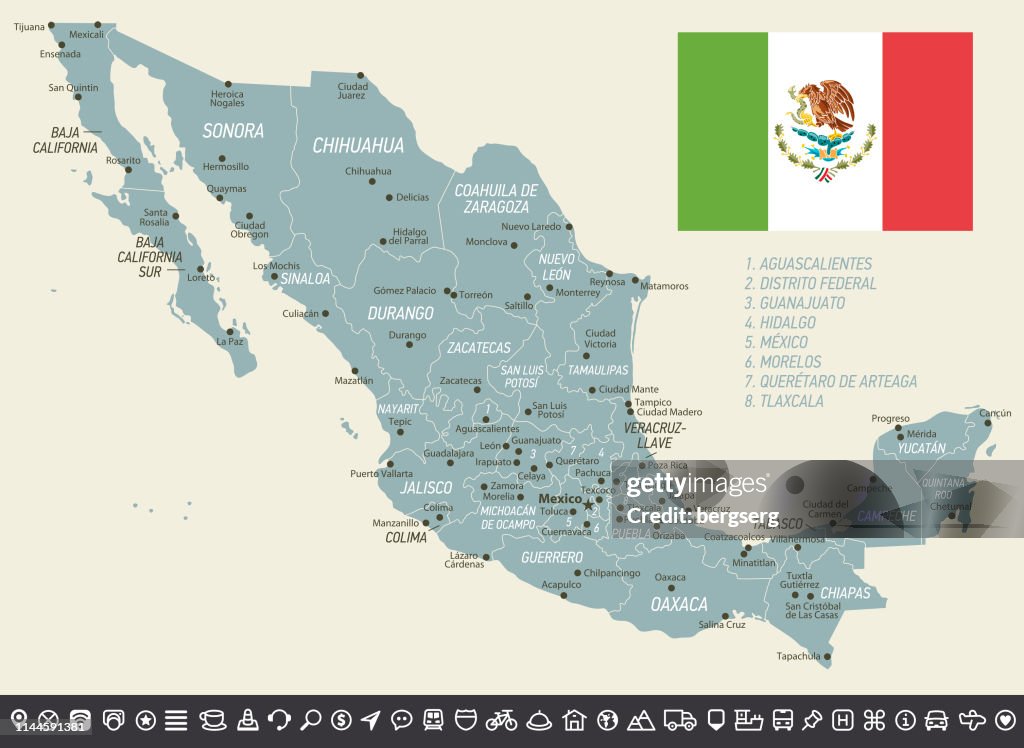 Retro Map of Mexico. Vector Illustration with Mexican national flag and navigation icons