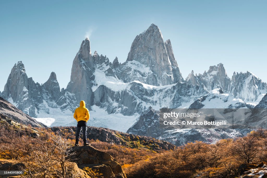Man admiring Mt Fitz Roy, Patagonia, Argentina