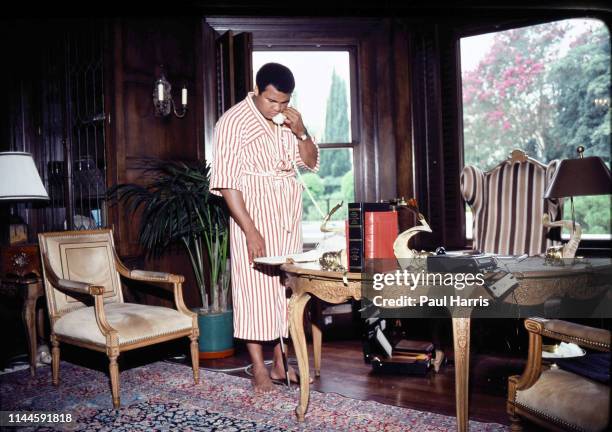 Muhammad Ali at home in Los Angeles before his last fight with Larry Holmes, is it a real cat or a toy cat under the table, bottom left of the room,...