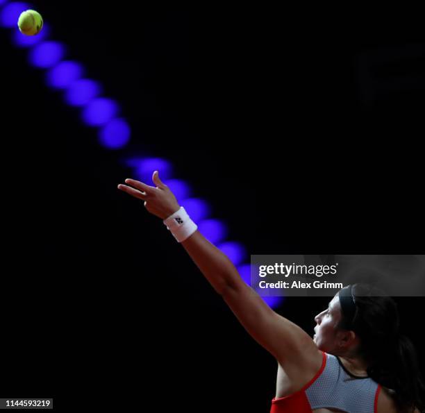 Anastasija Sevastova of Latvia serves the ball to Jelena Ostapenko of Latvia during their first round match on day 2 of the Porsche Tennis Grand Prix...