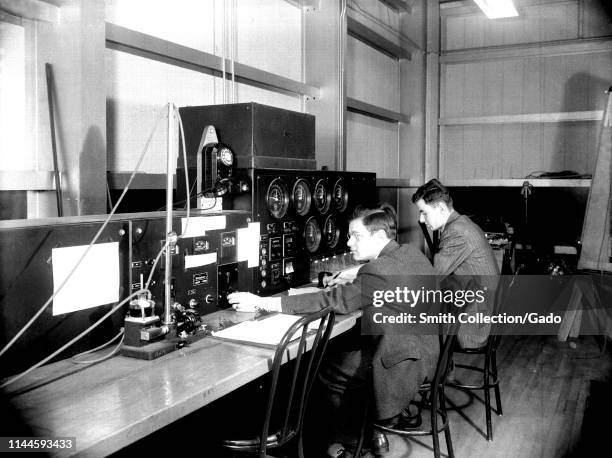 Engineers operating the controls of the Stability Tunnel at Langley Aeronautical Laboratory in Hampton, Virginia, March 10, 1943. Image courtesy...