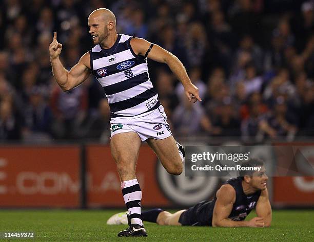 Paul Chapman of the Cats celebrates kicking a goal during the round nine AFL match between the Carlton Blues and the Geelong Cats at Etihad Stadium...