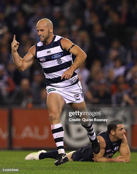 Paul Chapman of the Cats celebrates kicking a goal during the round nine AFL match between the Carlton Blues and the Geelong Cats at Etihad Stadium...