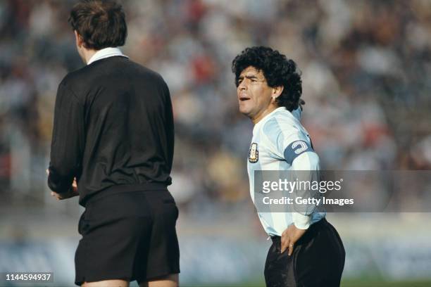 Argentina player Diego Maradona remonstrates with the referee during a Four Nations Tournament match against West Germany at the Olympic Stadium on...