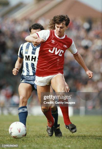 Arsenal player Charlie Nicholas in action in a First Division match against Sheffield Wednesday at Highbury on April 27, 1985 in London, United...