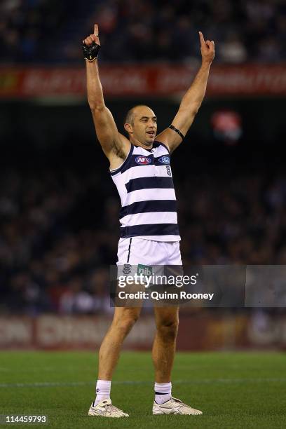 James Podsiadly of the Cats celebrates kicking a goal during the round nine AFL match between the Carlton Blues and the Geelong Cats at Etihad...