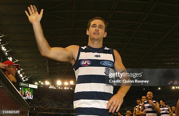 Joel Selwood of the Cats celebrates winning the round nine AFL match between the Carlton Blues and the Geelong Cats at Etihad Stadium on May 20, 2011...