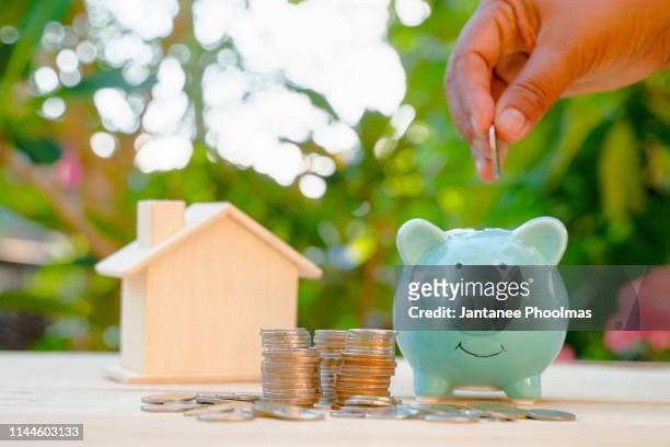 business or finance saving concept with hand putting coin into blue piggy bank with stack of coins and house beside on wooden table and green background till life combination business investment and economical money concept - couple saving piggy bank stock pictures, royalty-free photos & images