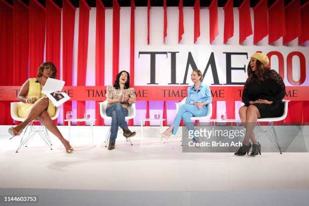 Gayle King, Aileen Lee, Whitney Wolfe Herd, and Tyra Banks participate in a panel discussion during the TIME 100 Summit 2019 on April 23, 2019 in New...