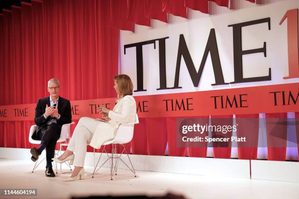 Apple CEO Tim Cook speaks with former TIME managing editor Nancy Gibbs at the TIME 100 Summit on April 23, 2019 in New York City. The day-long TIME...