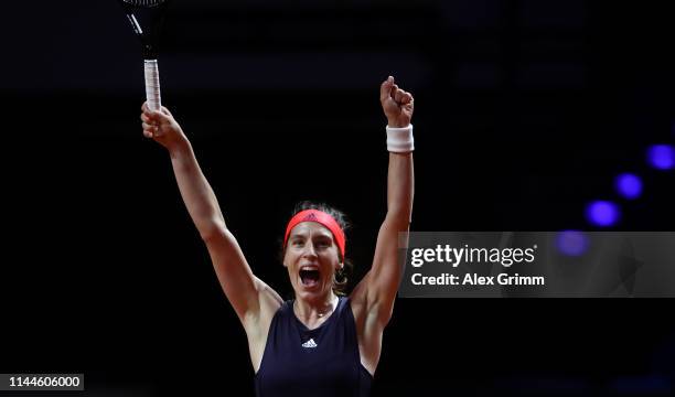 Andrea Petkovic of Germany celebrates winning her first round match against Sara Sorribes Tormo of Spain on day 2 of the Porsche Tennis Grand Prix at...