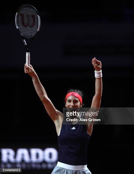 Andrea Petkovic of Germany celebrates winning her first round match against Sara Sorribes Tormo of Spain on day 2 of the Porsche Tennis Grand Prix at...