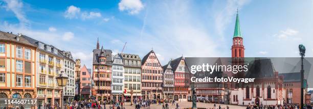 frankfurt tourists in romerberg alstadt old town landmarks panorama germany - timber framed stock pictures, royalty-free photos & images