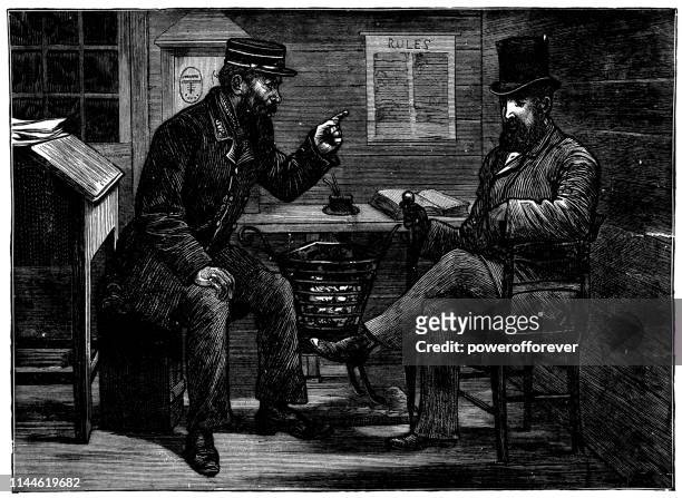railway signalman telling a man a ghost story - works of charles dickens - charles dickens stock illustrations