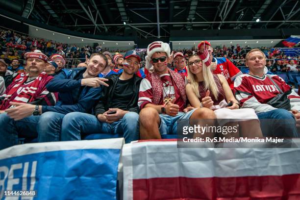 Team Latvia supporters during the 2019 IIHF Ice Hockey World Championship Slovakia group game between Latvia and Russia at Ondrej Nepela Arena on May...