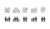 Family black silhouettes and outline icons set