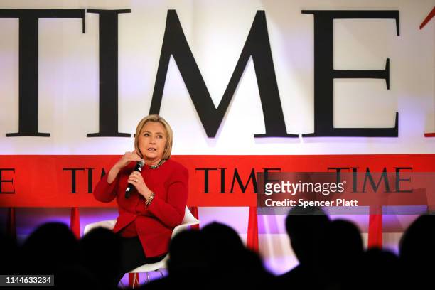 Former U.S. Secretary of State Hillary Clinton speaks at the TIME 100 Summit on April 23, 2019 in New York City. The day-long TIME 100 Summit...