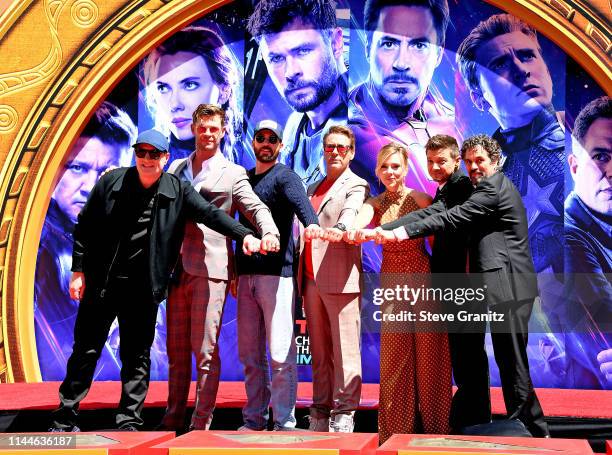 President of Marvel Studios/Producer Kevin Feige, Chris Hemsworth, Chris Evans, Robert Downey Jr., Scarlett Johansson, Jeremy Renner, and Mark...
