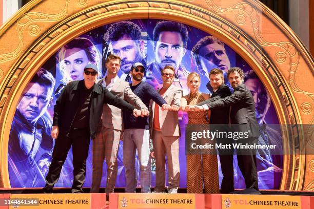 President of Marvel Studios/Producer Kevin Feige, Chris Hemsworth, Chris Evans, Robert Downey Jr., Scarlett Johansson, Mark Ruffalo, and Jeremy...