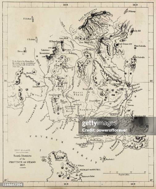 map of the otago region in new zealand - 19th century - otago peninsula stock illustrations