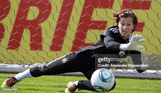 Lisa Weiss safes the ball during a training session of Germany at adidas headquater on May 19, 2011 in Ingolstadt, Germany.