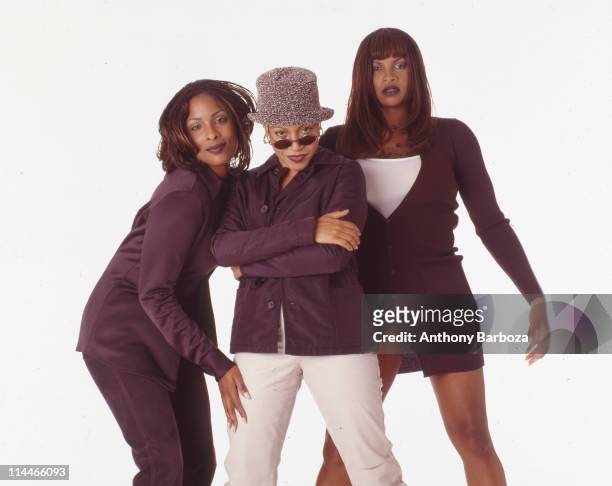 Portrait of Cheryl 'Salt' James, Sandra 'Pepa' Denton, and Deirdre 'DJ Spinderella' Roper, better known collectively as the hiphop group Salt n Pepa,...