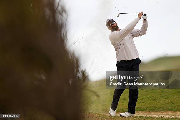 Francois Delamontagne of Fance plays his second shot on the 1st hole during day two of the Madeira Islands Open on May 20, 2011 in Porto Santo...