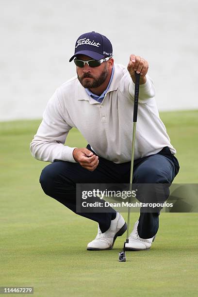 Francois Delamontagne of Fance lines up his shot on the 3rd green during day two of the Madeira Islands Open on May 20, 2011 in Porto Santo Island,...