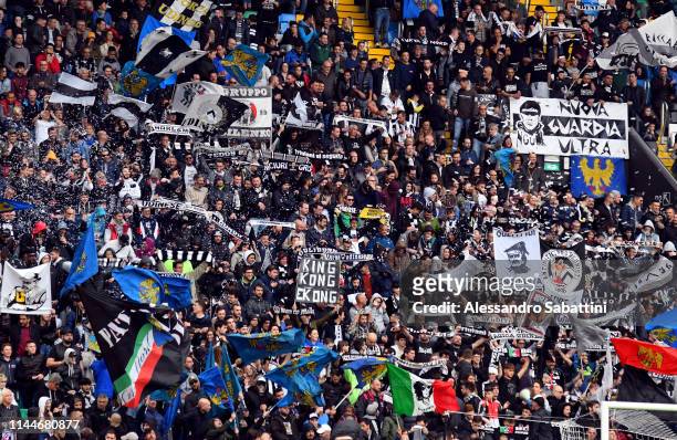 Udinese Calcio fans cheer their team during the Serie A match between Udinese and SPAL at Friuli Stadium on May 18, 2019 in Udine, Italy.