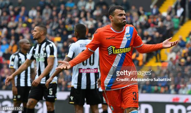 Andrea Petagna of Spal celebrates after scoring the 3-1 goal during the Serie A match between Udinese and SPAL at Friuli Stadium on May 18, 2019 in...