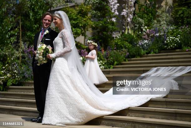 Newlyweds Thomas Kingston and Lady Gabriella Windsor leave after their wedding ceremony, at St George's Chapel in Windsor Castle, Windsor, west of...
