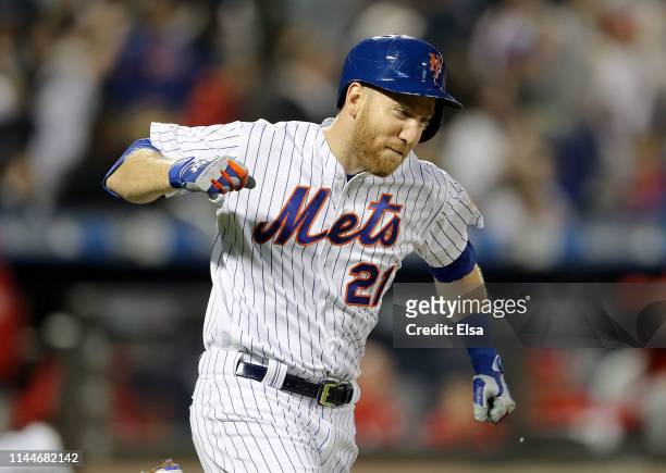 Todd Frazier of the New York Mets celebrates after he hit a grand slam in the fifth inning against the Philadelphia Phillies at Citi Field on April...