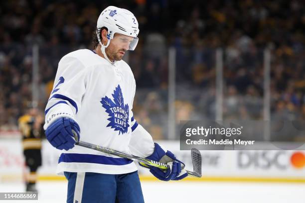 Ron Hainsey of the Toronto Maple Leafs reacts during the first period Game Seven of the Eastern Conference First Round against the Boston Bruins...