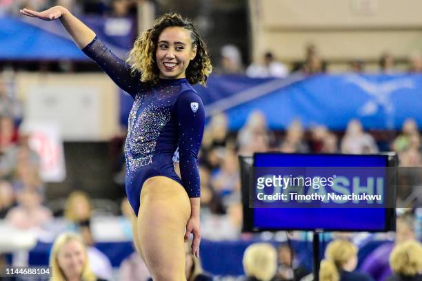 Katelyn Ohashi of the UCLA Bruins performs a floor routine during the Division I Women's Gymnastics Championship held at the Fort Worth Convention...