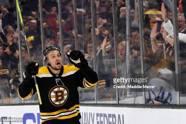 Sean Kuraly of the Boston Bruins celebrates after scoring a goal against the Toronto Maple Leafs during the third period of Game Seven of the Eastern...