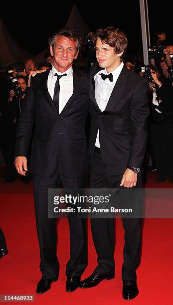 Sean Penn and son Hopper Penn attend the "This Must Be The Place" Premiere during the 64th Cannes Film Festival at the Palais des Festivals on May...