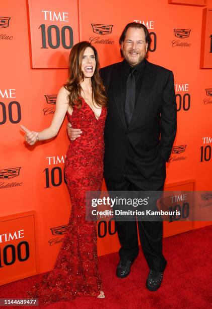 Lynne Benioff and Marc Benioff attend the TIME 100 Gala Red Carpet at Jazz at Lincoln Center on April 23, 2019 in New York City.