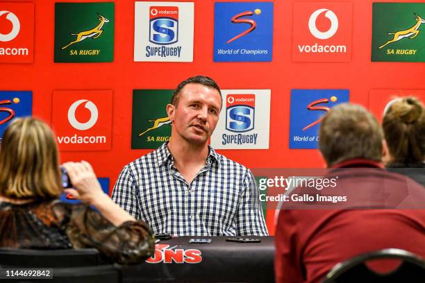 Mark Hammett coach of the Highlanders answers questions from the media after the Super Rugby match between Emirates Lions and Highlanders at Emirates...