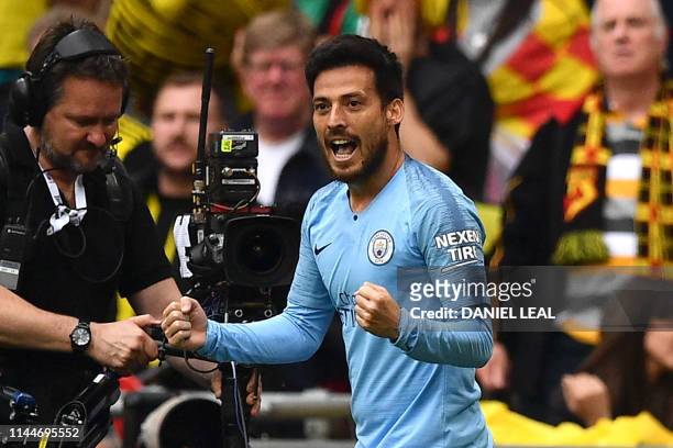 Manchester City's Spanish midfielder David Silva celebrates after he scores the team's first goal during the English FA Cup final football match...