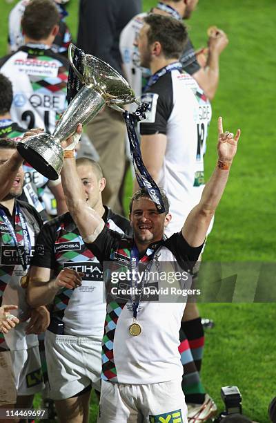 Nick Evans, of Harlequins, whose convertion of a Gonzalo Camacho try celebrates after their victory during the Amlin Cup final between Harlequins and...