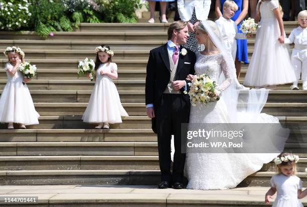 Bride, Lady Gabriella Windsor and groom, Thomas Kingston after their wedding at St George's Chapel, Windsor Castle on May 18, 2019 in Windsor,...